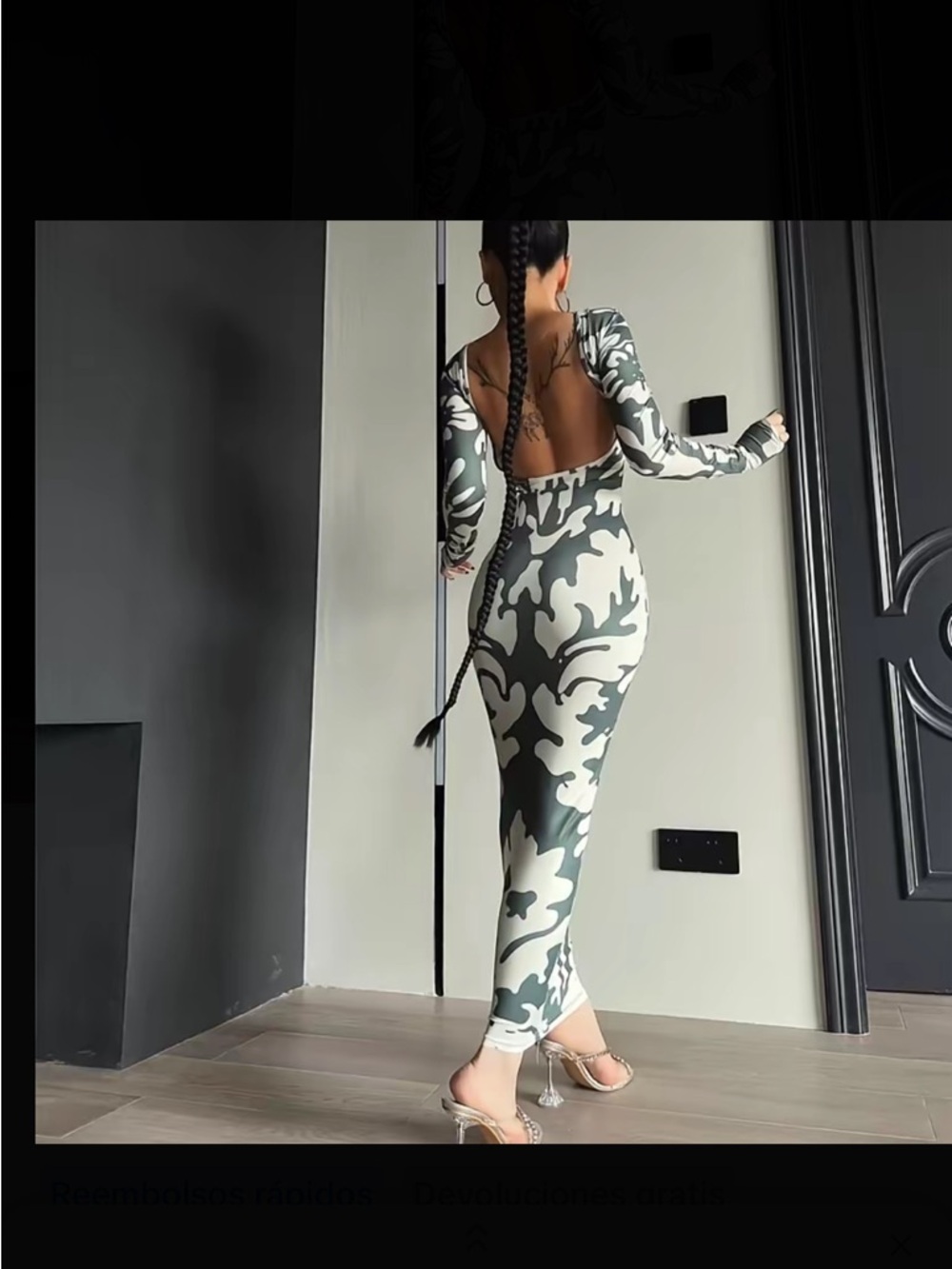 Backless Long Sleeve Camouflage Maxi Dress - Green & White